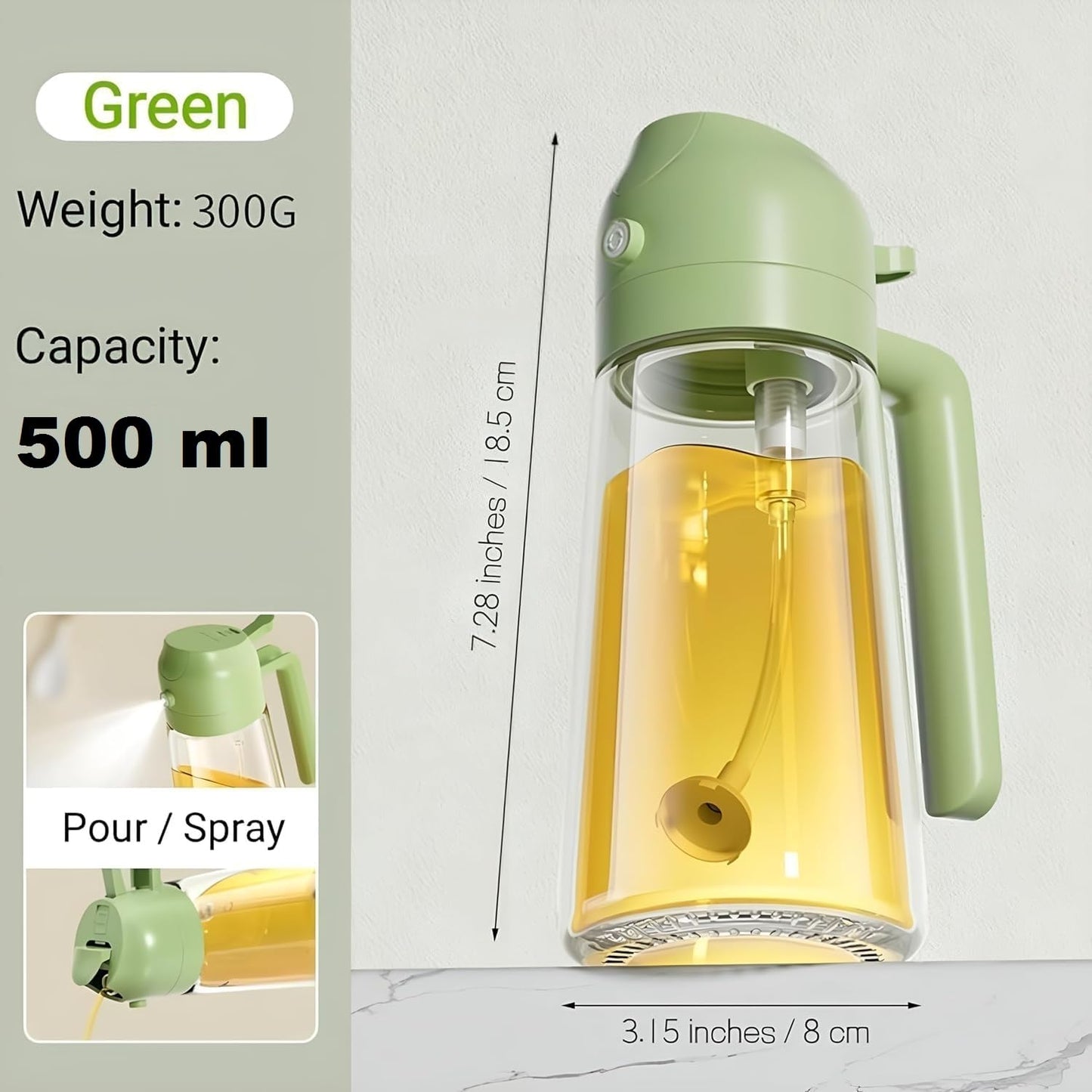 Oil Dispenser Bottle for Kitchen - 2 in 1 Oil Dispenser and Oil Sprayer for Cooking, Air Fryer, Salad, 500ml Olive Oil Sprayer